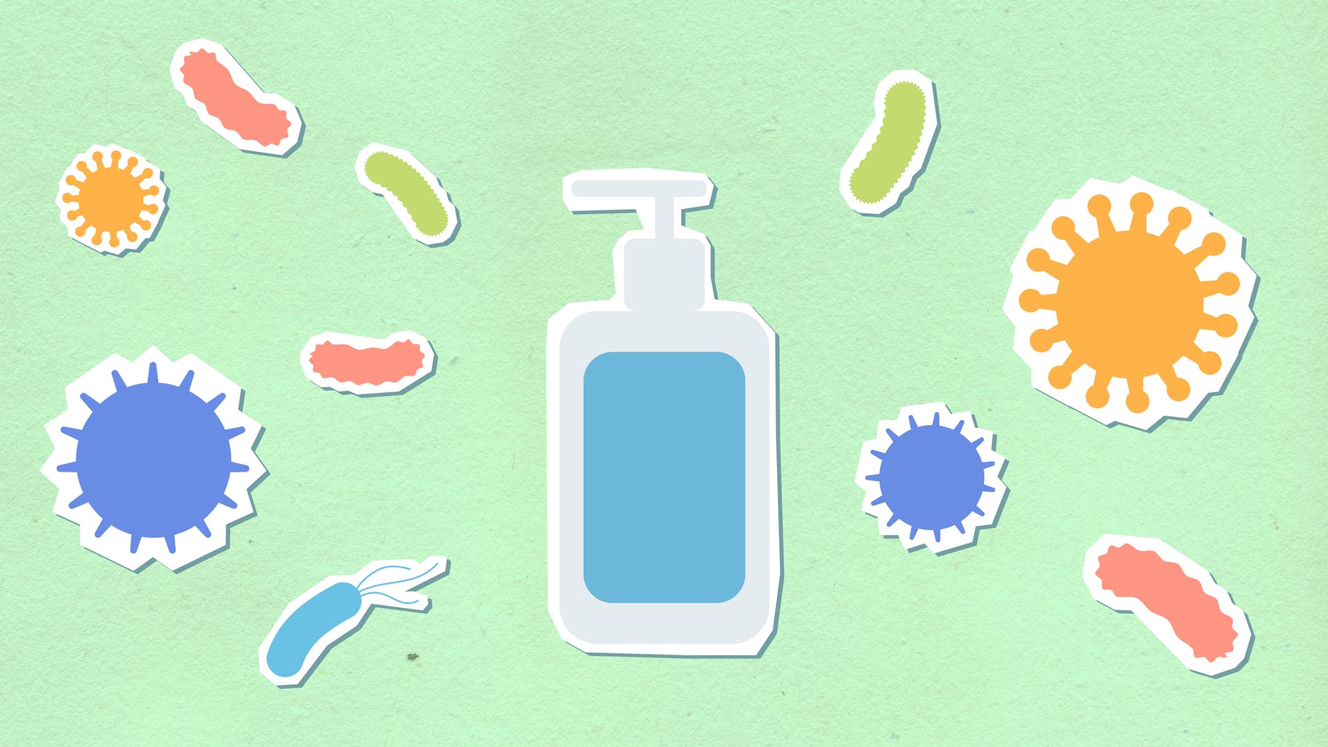 img cutout paper composition of sanitizer between viruses and microbes